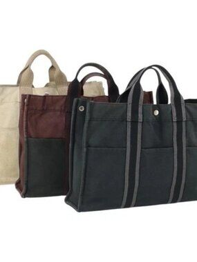 HERMES Fourre Tout Hand Bag Canvas 3 Set Beige Brown black Auth ti3717